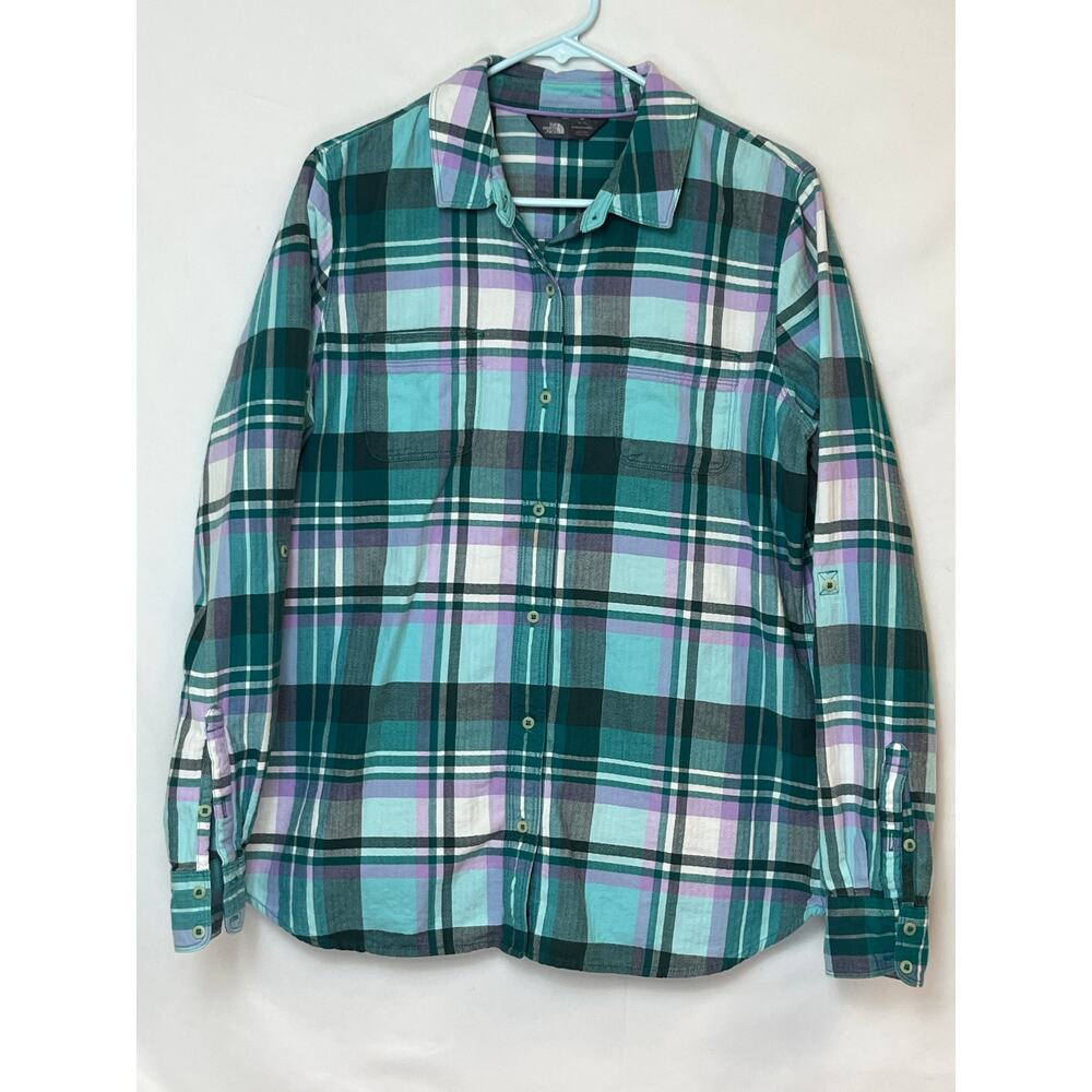 North Face Women XL Pink/Green Plaid Long Sleeve Button Down Light Flannel Shirt